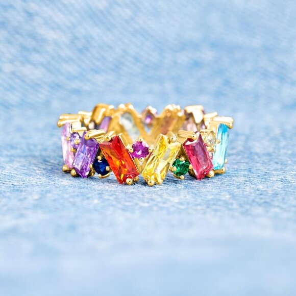 Colorful Rainbow Ring, Emerald Cut Eternity Band Rings for Women, 18K Gold Plate - Picture 5 of 7
